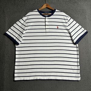 Polo Ralph Lauren Henley Shirt Mens XXL White Blue Striped Featherweight Mesh